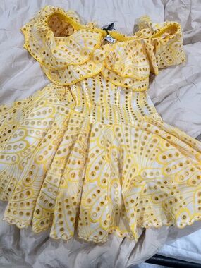 Charo Ruiz Yellow and White Eyelet Off-Shoulder Dress
